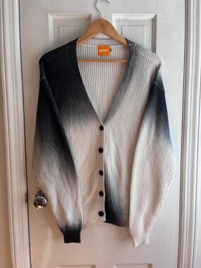 WISPR by Brodie Cotton Silk Ombre Dip Dye Ribbed Cardigan Sweater Cream Grey S